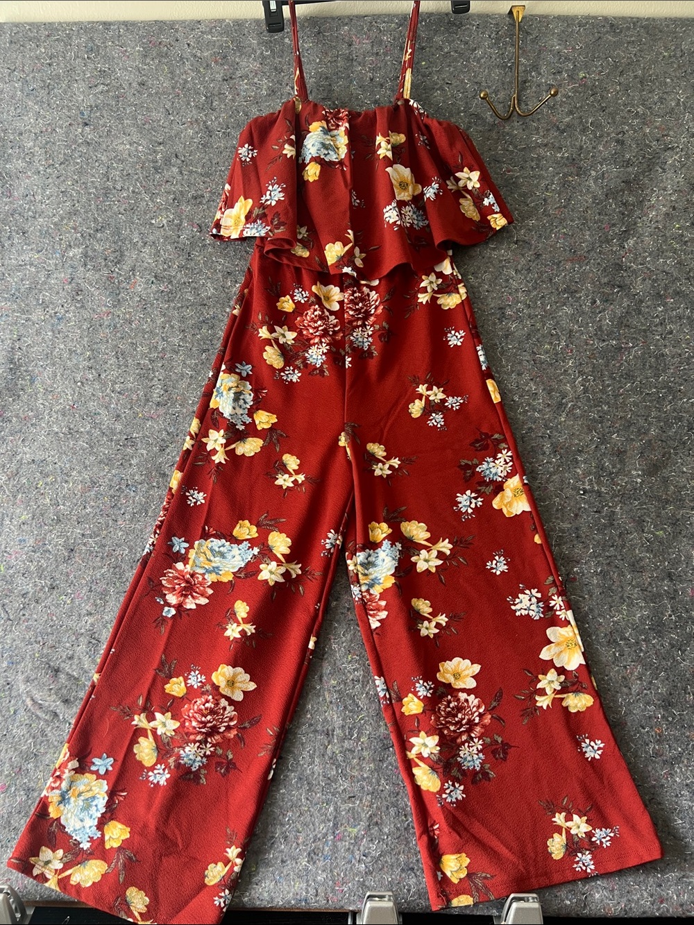 Almost Famous Burgundy Floral Wide-Leg Jumpsuit with Yellow & Cream Blooms